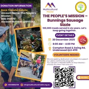 Volunteers serving sausages at a Bunnings sausage sizzle community fundraiser supporting The People’s Mission.